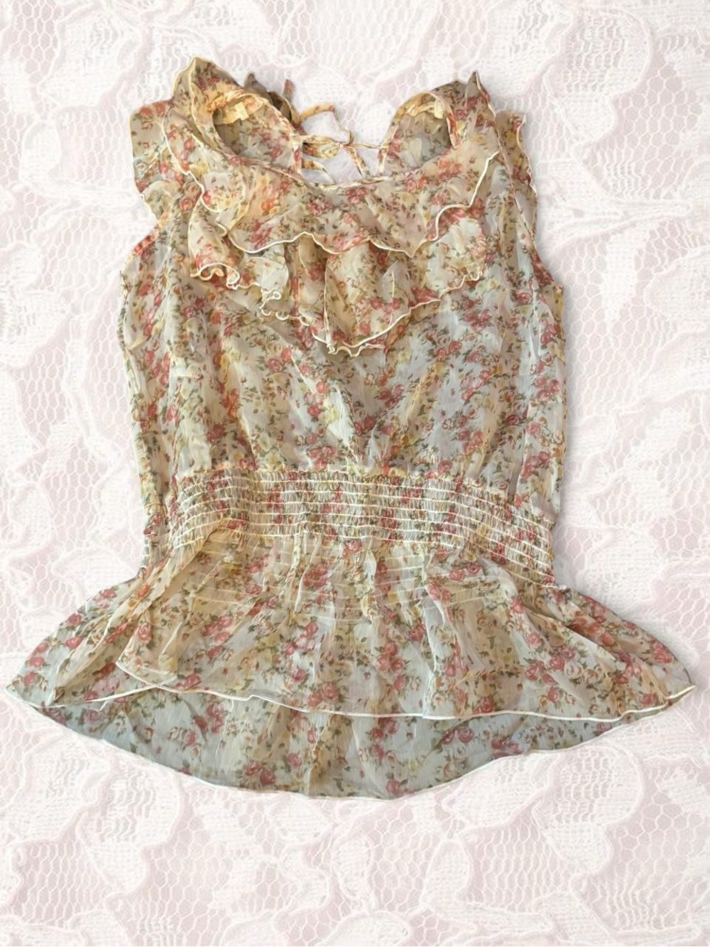 BCX Sheer Floral Ruffle Peplum Tank - Cream & Pink